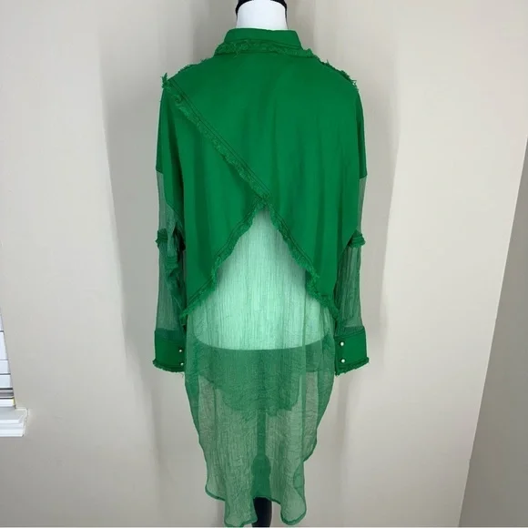 TOV Los Angeles Green Sheer Button-Down Shirt with Frayed Detailing Pockets M - Picture 5 of 9